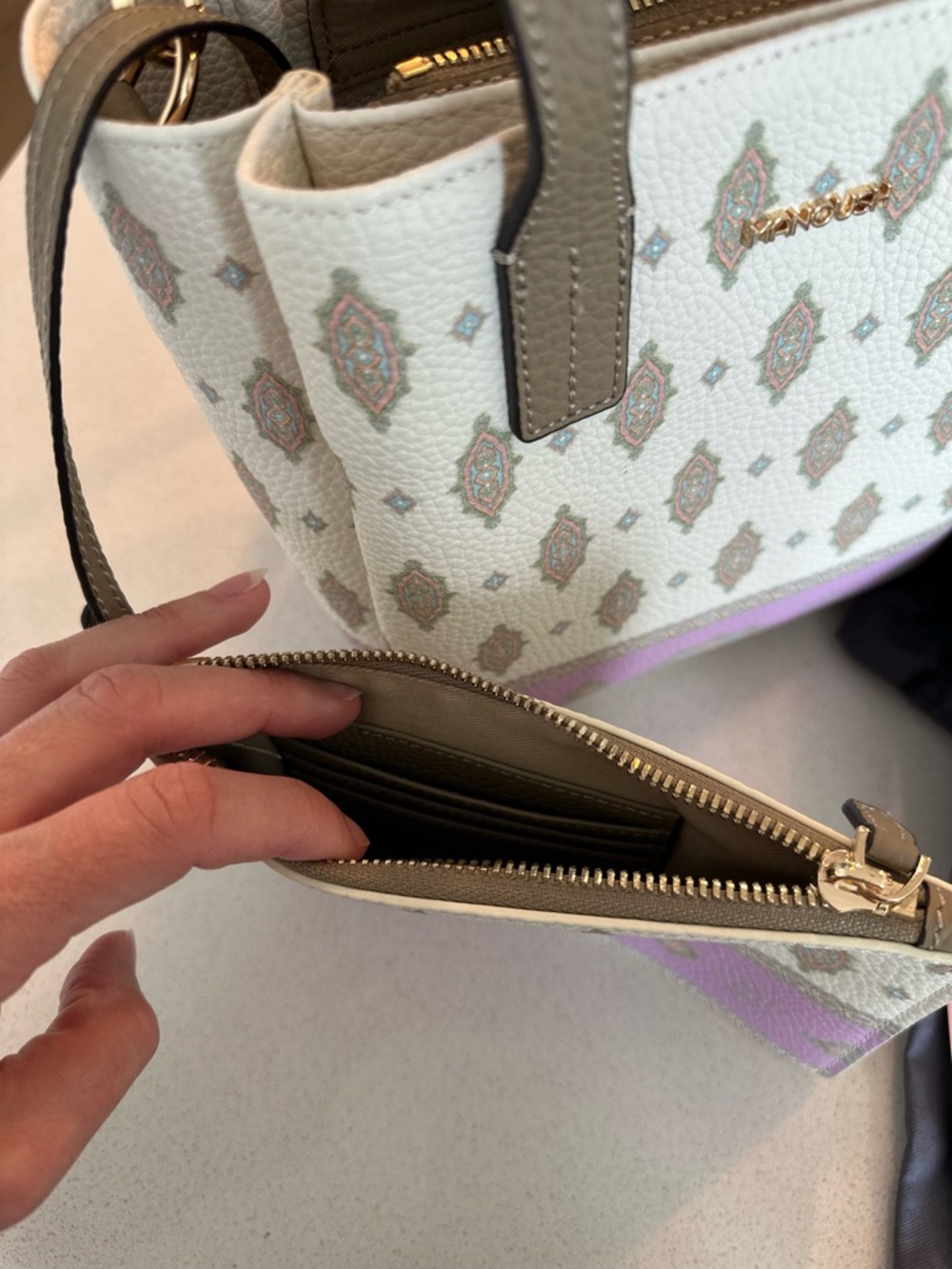 Manoush White and Lavender Kilim Patterned, Ople-Embossed Synthetic Leather Tote - Picture 3 of 13